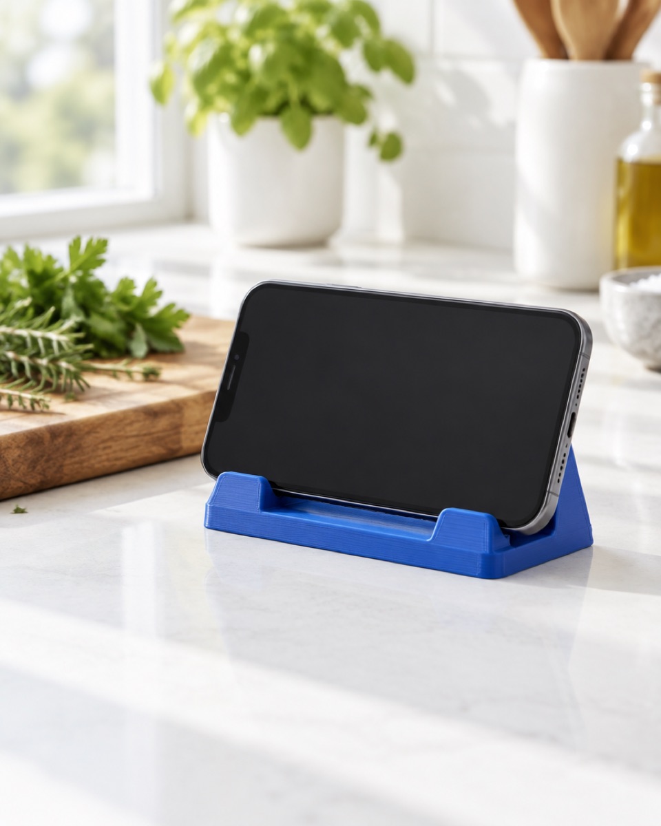 Blue 3D printed phone holder on a kitchen counter holding a smartphone