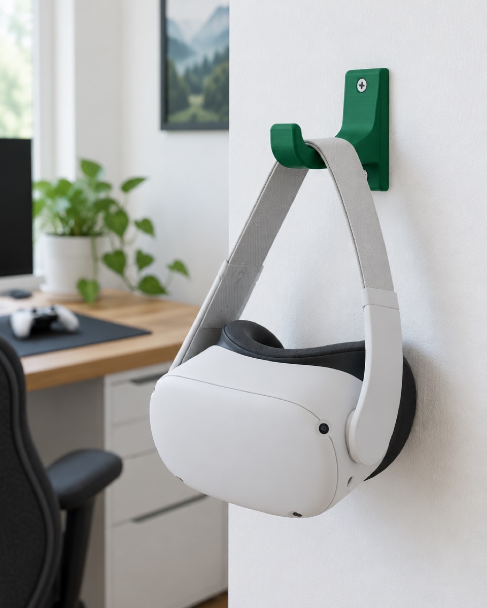 Green 3D printed VR headset wall mount holding a white headset